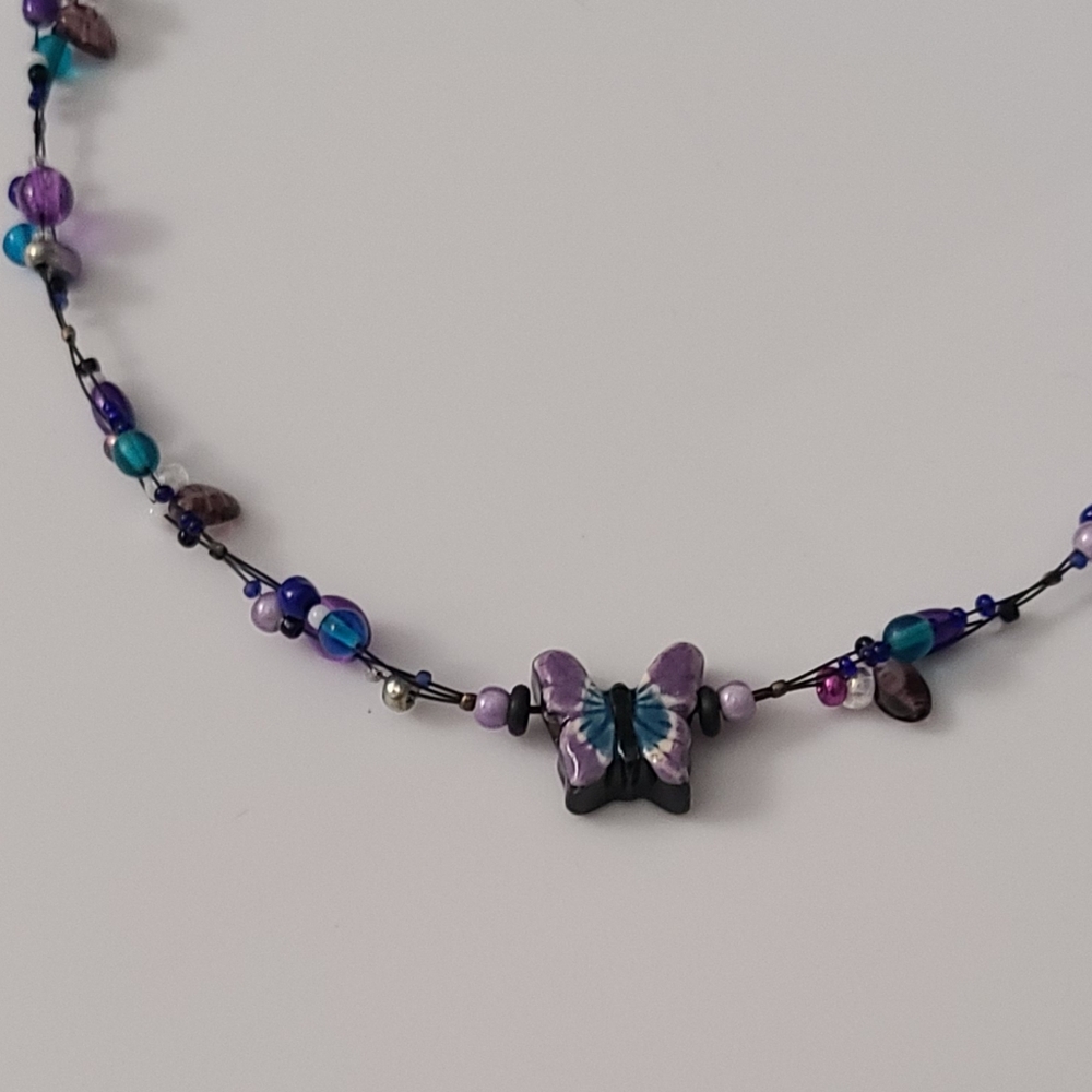 925 Vintage Butterfly Pottery Necklace Artisan Glass Beaded Purple Cats Eye Vtg - Picture 7 of 16